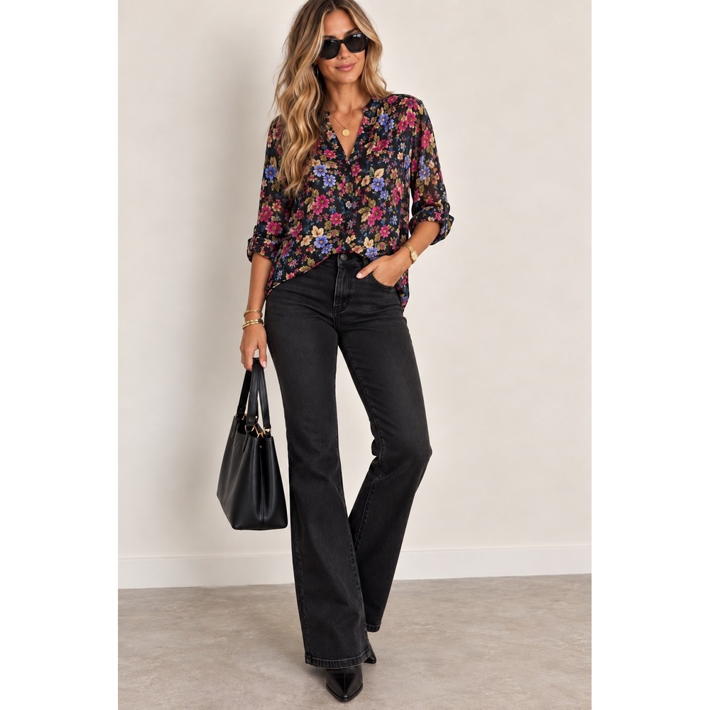 KUT From The Kloth Deep Sea Floral Sheer Blouse XL Roll Tab Boho - Picture 2 of 10